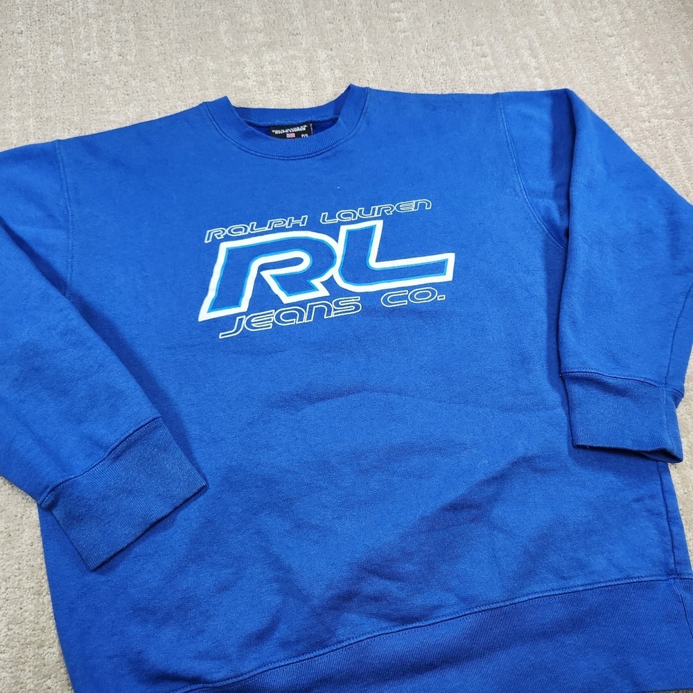 Vintage Ralph Lauren Sweatshirt Men Small Polo Jeans Spellout Cotton Fleece Blue
